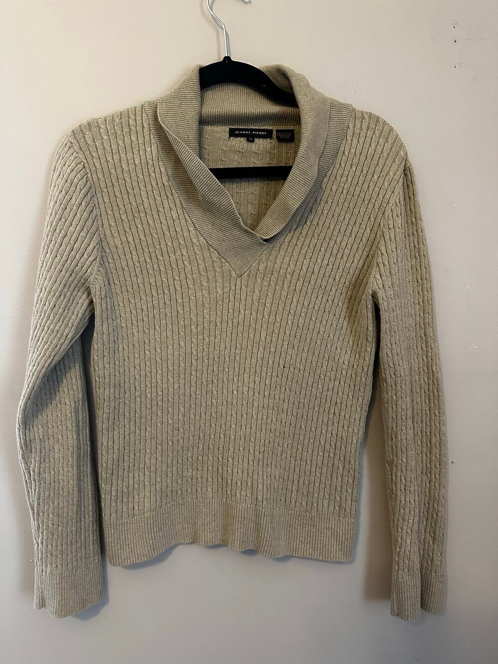 Jeanne Pierre M 100% Cotton Ribbed Cowl Neck Sweater Taupe